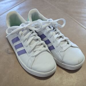 Girl Adidas White and Lavender Striped Sneakers